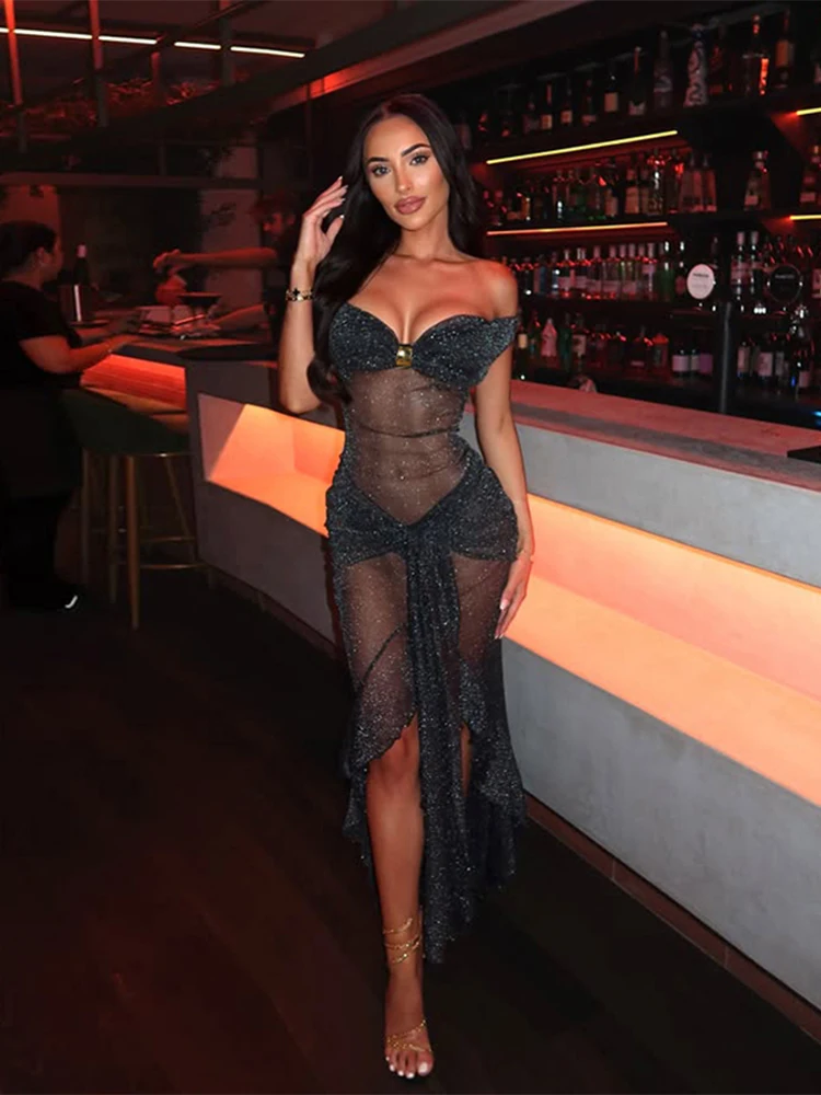 

Sisterlinda Sequins Mesh Maxi Dress Sexy Stunning Transparency Slash Neck Irregular Ribbons Bandage Female Robe Nightout Frock