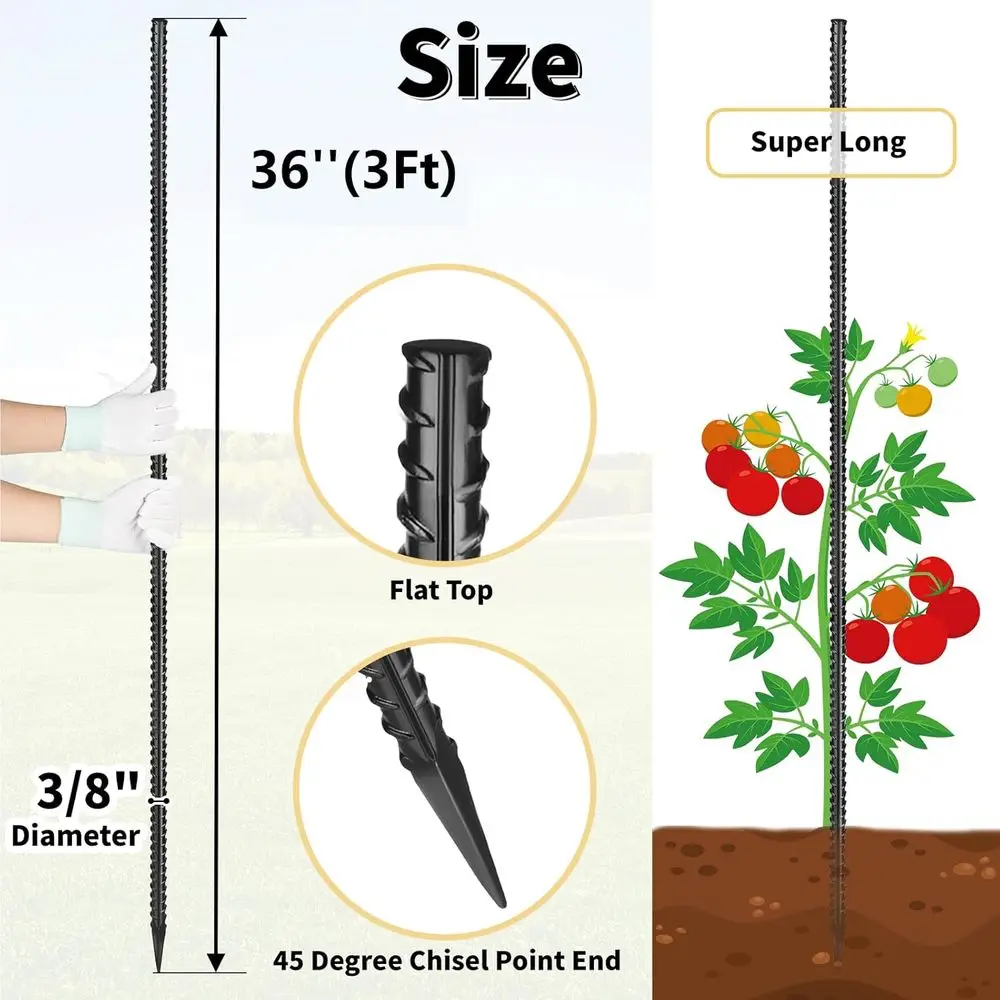 36-Inch 16-Pack 3/8 Diameter Straight Rebar Stakes for Concrete, Garden Support, and Survey Markers