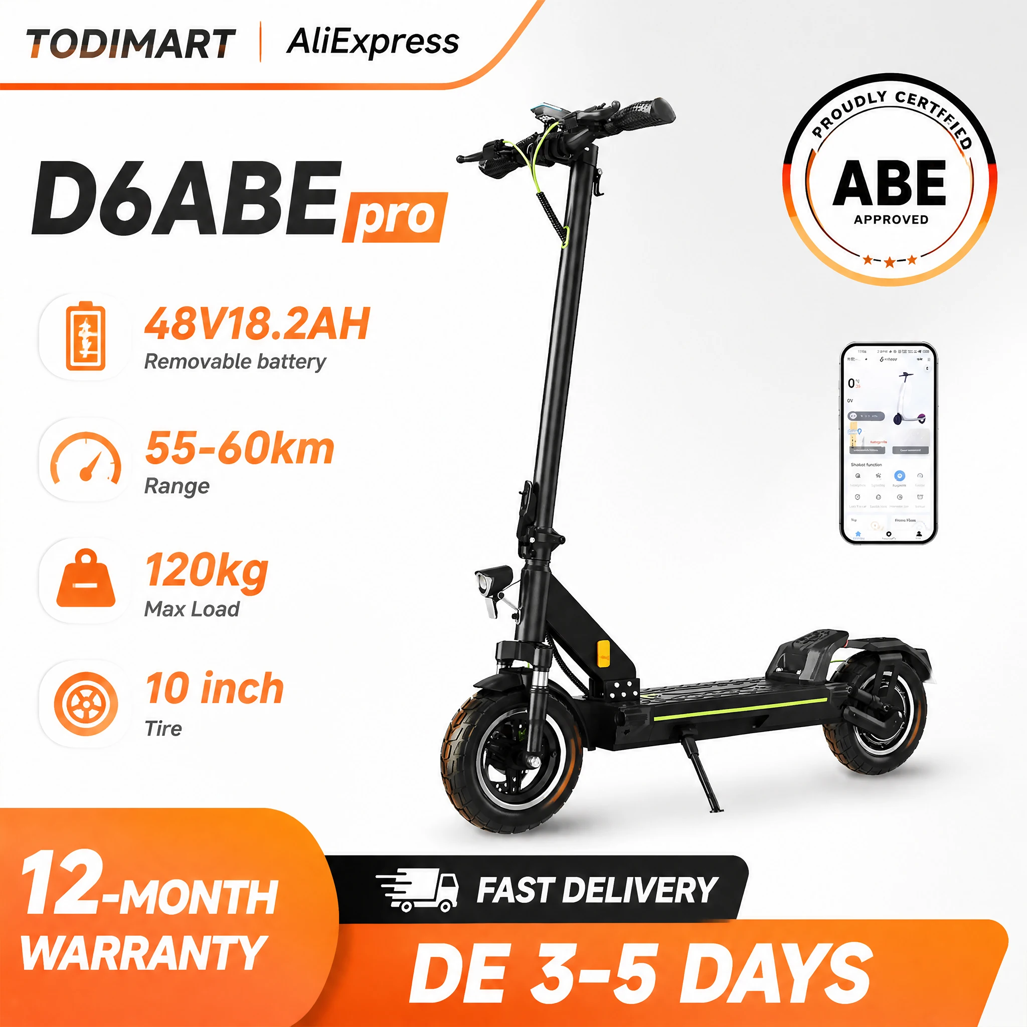 TODIMART D6Pro ABE E Scooter mit Straßenzulassung 10 Zoll Elektroroller 48V 18.2AH Batterie APP 60-80KM Reichweite Duales Bremssystem Und Doppelte Stoßdämpfung E Roller für Erwachsene Pendeln und