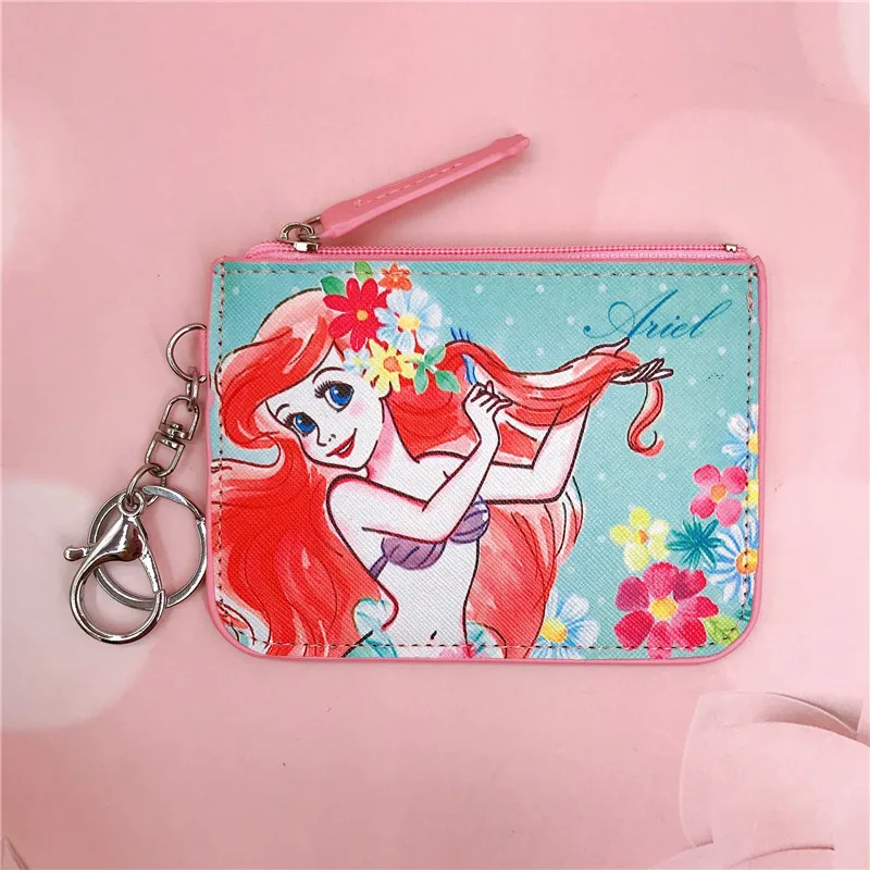 Cartoon Disney Princess Series Card Case Coin Purse Pu Leather Student Rice Card Bag Loose Purse with Key Chain Portable