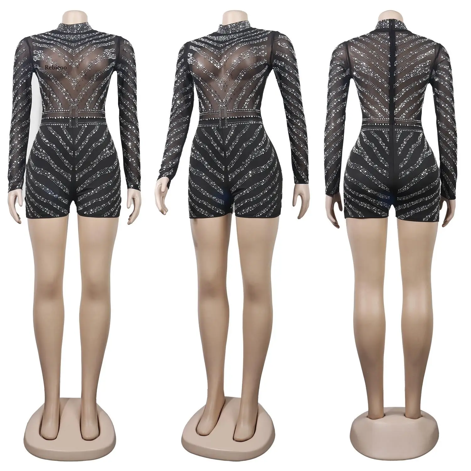 Elegant Women Diamonds Hot Rhinestones Mesh See Though Black Romper Sexy Party Oversized One Piece Set Overall  Playsuit