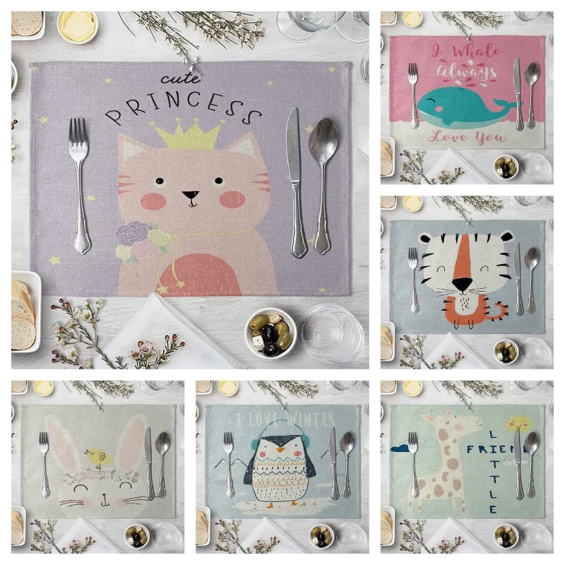 4pc/8pc Children\'s Cute Animal Style Pattern Placemat Cotton Linen Fabric Table Mats Family Dinner Tableware Kitchen Table Mat