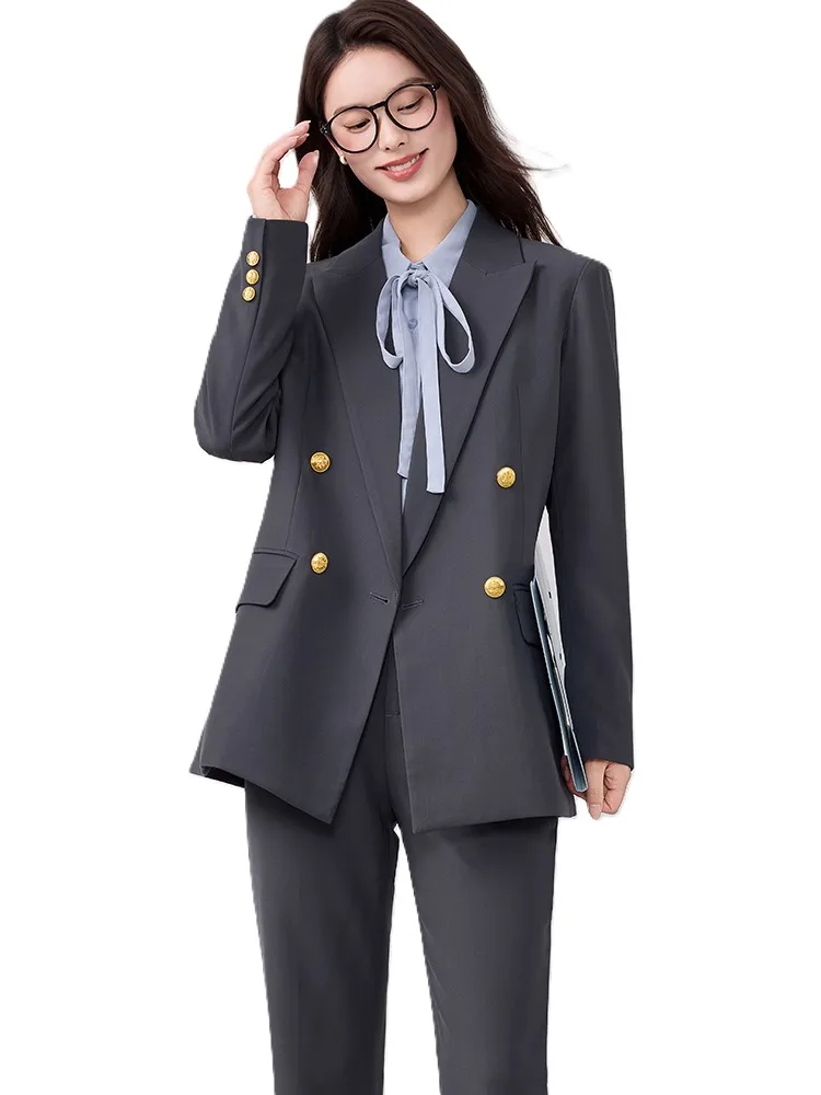 

Серый, черный женский брючный костюм, женская деловая рабочая одежда, комплект из 2 предметов, формальный пиджак, куртка и брюки