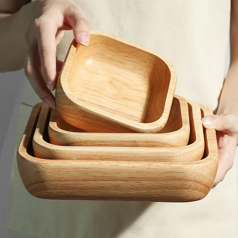 4Pcs Wooden Bowl Set Serving Dishes Big Fruit Salad Bowl Square Wood Plate Serving Tray Snack Food Bowl Wooden Kitchen Tableware