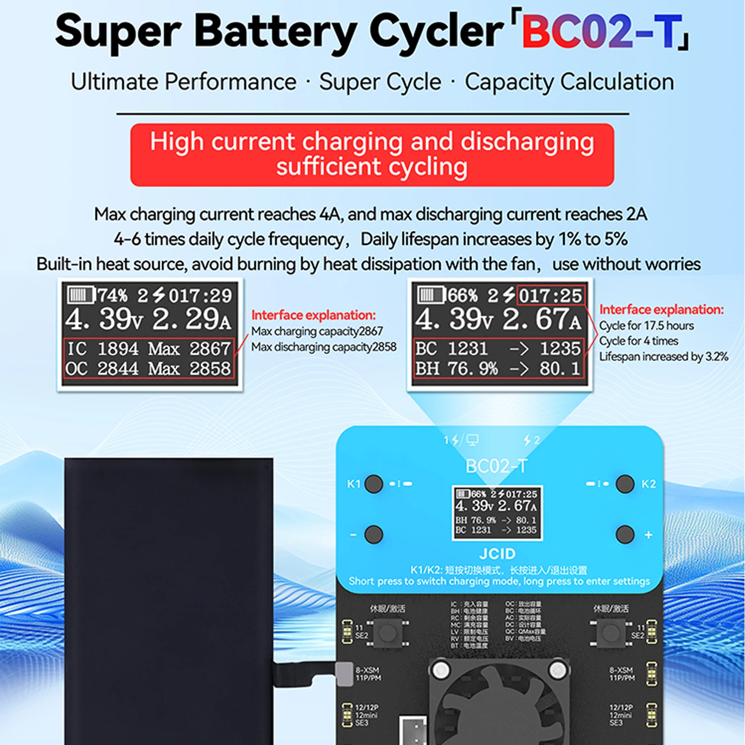 JCID BC02-T Batterie-Cycler, Zweikanal-Zyklus, Hochstrom-Laden und Entladen für iPhone 11–15 Uhr, Reparatur-Batterie-Zyklus-Werkzeug