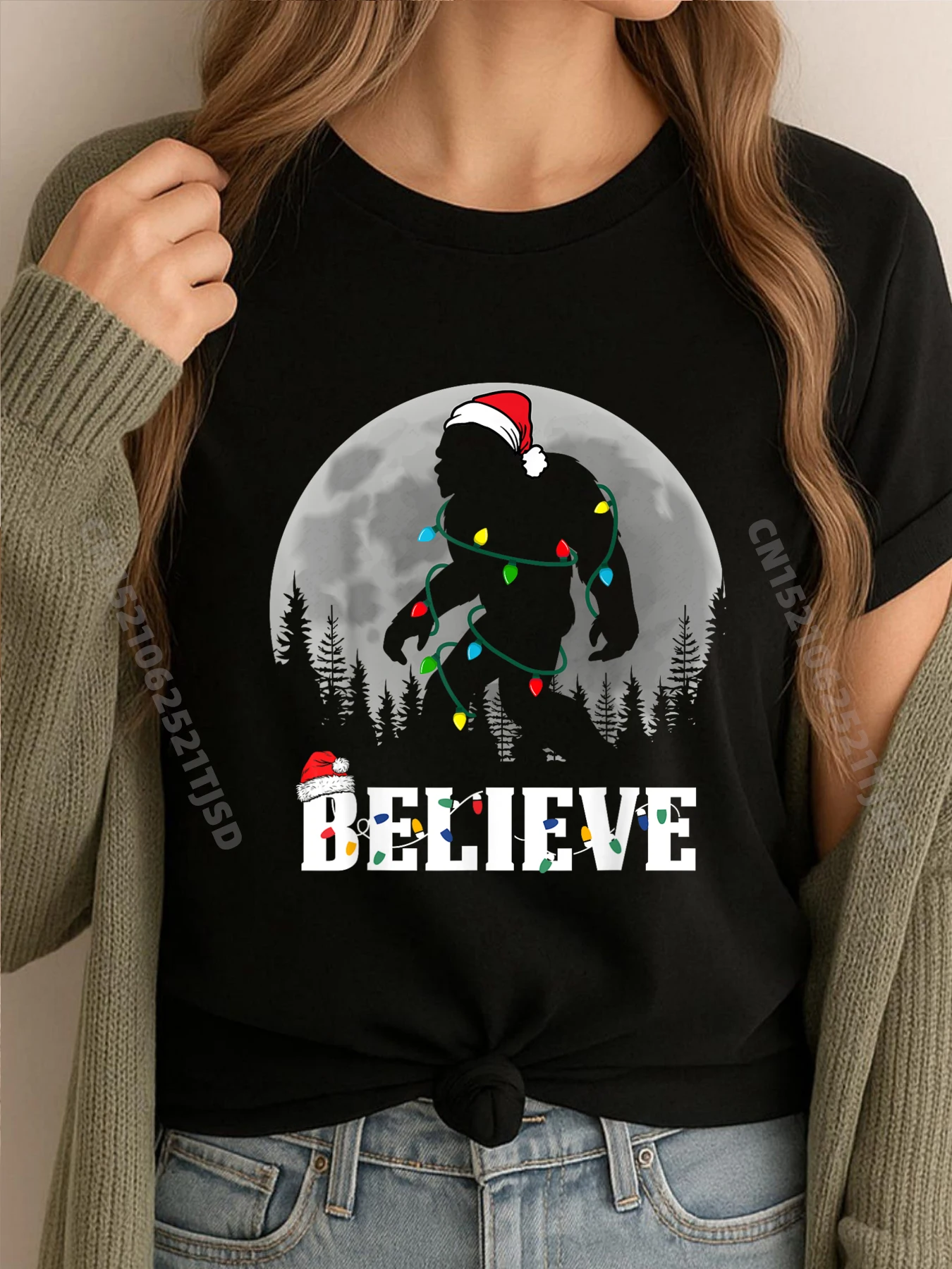

Santa Bigfoot Christmas Lights Sasquatch Believe Xmas Hiphop Streetwear Women Men's Clothing Man Tops Tees Lovers Day