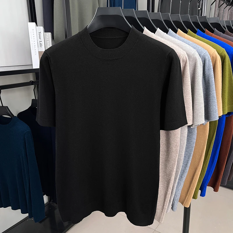 2025 Spring and Autumn Thin Fashion Men's Short Sleeve Woolen Sweater Solid Color Sweater Half Sleeve Knitted Sweater