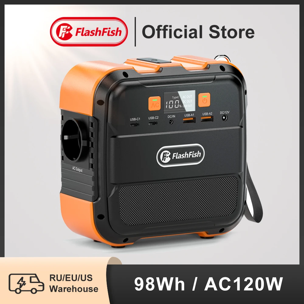 flashfish mini recarregavel portatil power station 120w 98wh bateria gerador solar banco de potencia tipo c para aviao 230v a101 ff 01