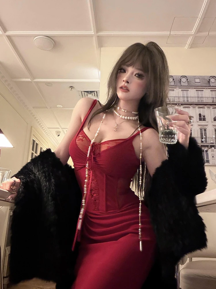 REDDACHiC vrouwen Uitgebeend Cinched Jurk Rode Stitch Kant Corset Spaghetti Band Bodycon Maxi Lange Jurk Party Sexy Zomer kleding