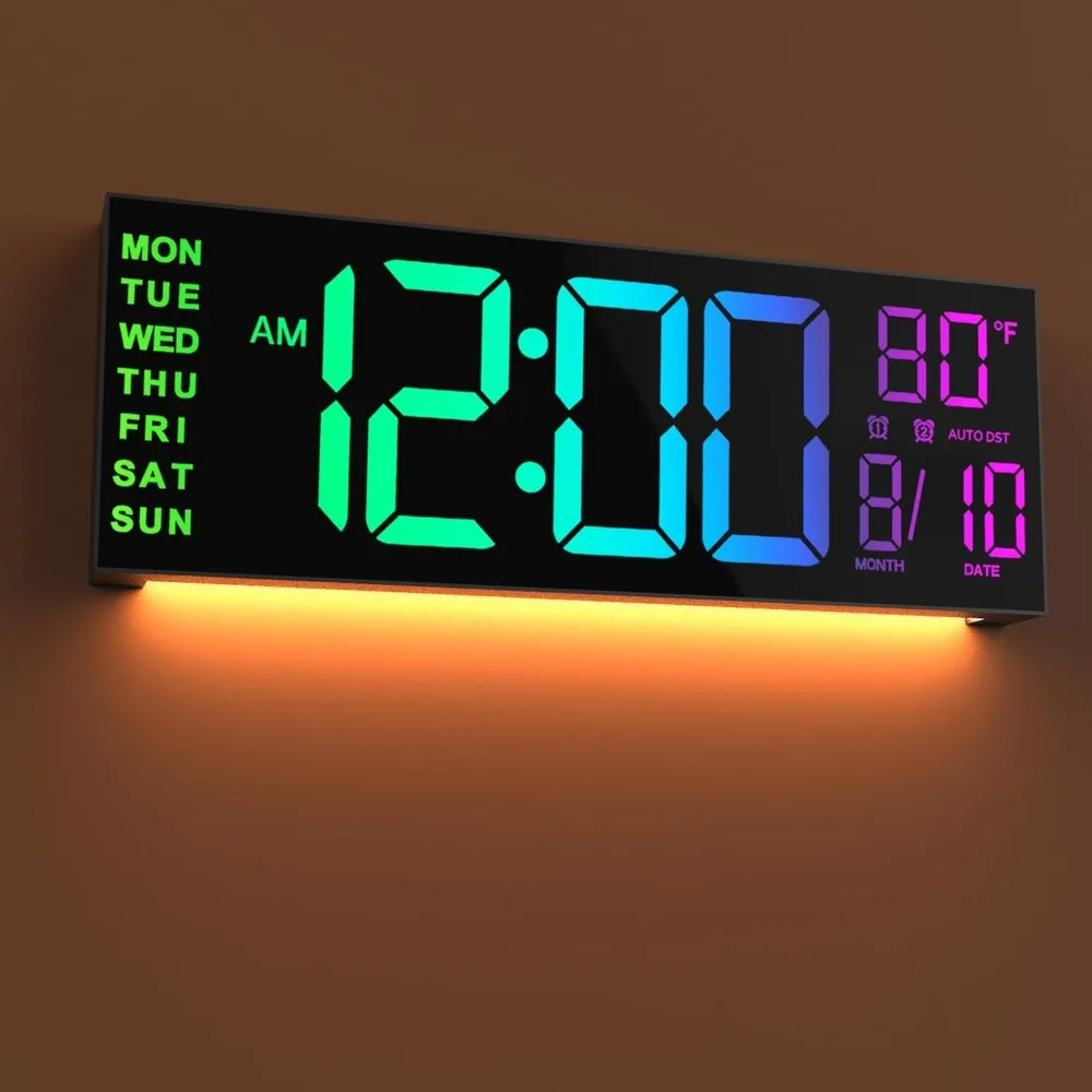 

16" Large Digital Wall Clock with Remote Control, Dual Alarm with Big LED Screen Dispaly, 8 RGB Colors, Auto DST, Temperature