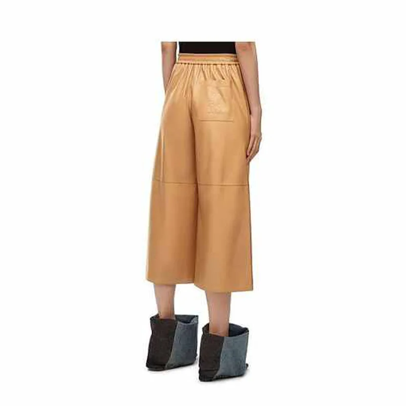 2024 Women New Fashion Genuine Sheepskin Leather Pants Elastic Waist Loose Wide Leg Pants E24