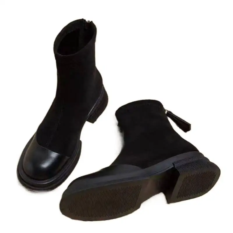 2025 automne nouvelles bottines pour femmes-panneau rétro bout rond fermeture éclair latérale talon épais mode bottes courtes pour les femmes