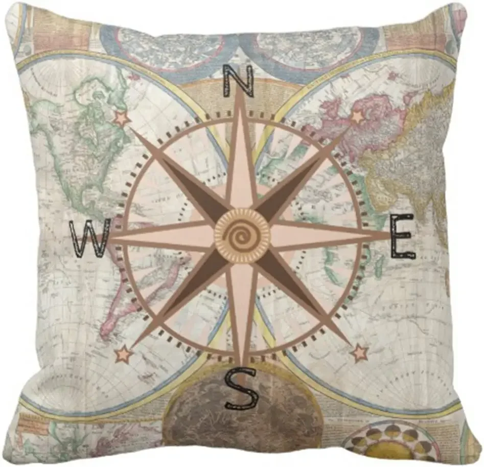 Throw Pillow Cover Map Baby World Compass Rose Room Decorative Pillow Case Home Decor Square 20 x 20 Inch Pillowcase