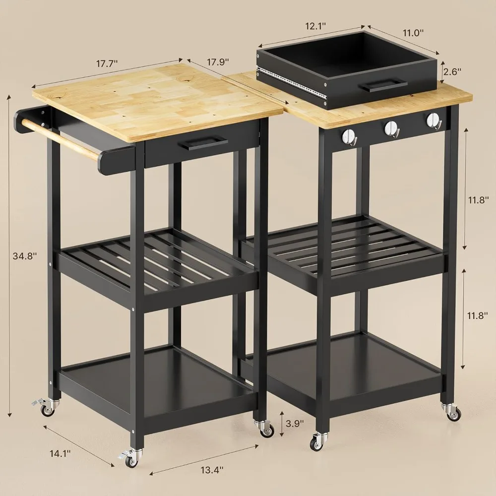 Small Kitchen Island with Top Drawer, Mobile Rolling Cart on Metal Wheels with 2 Open Shelf, 3 Side Hooks, Wine Rack for