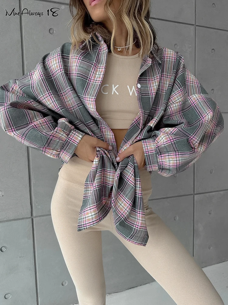 Mnealways18 Cotton Gingham Women Brightly Oversize Shirts Turn Down Collar Thin Casual Plaid Blouses And Tops Spring 2024 Female