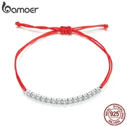 BAMOER 925 Sterling Silver Lucky Red Rope Bracelet Shiny Zircon Tennis Bracelet for Women Fine Jewelry Gift