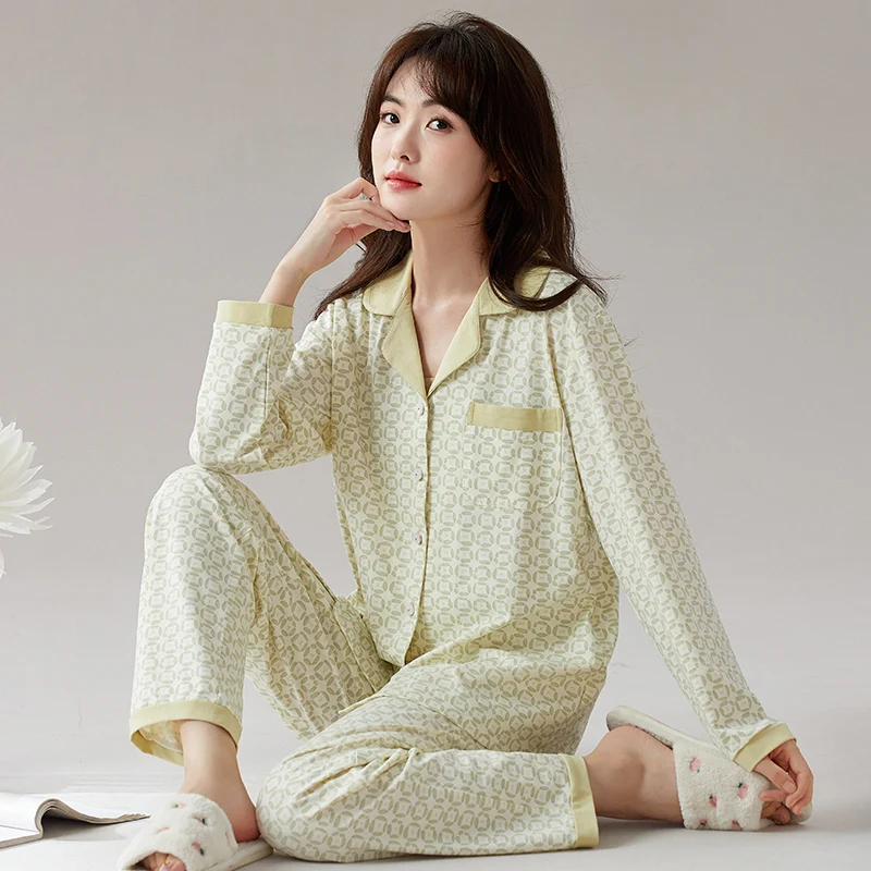 

Spring and Autumn 100% Cottton Women Pajamas Set Turn-down Collar Long Sleeve Leisure Pijamas Female Pijamas