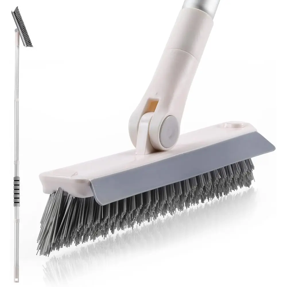 

Long-Handled Grout Brush and Squeegee Floor Scrub with Swivel Bristles for Cleaning Showers, Tiles, and Baseboards