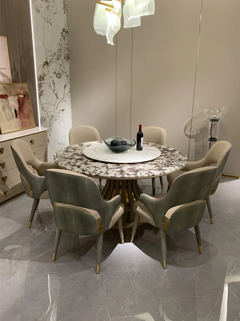 Italian light luxury round table household marble table with turntable high-end solid wood dining table and chair combination