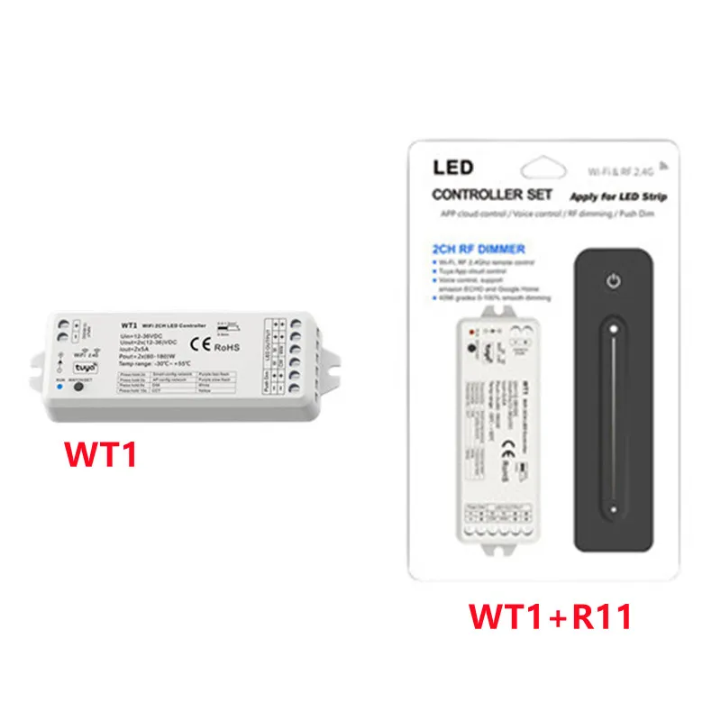 

RF 2.4G dimming remote control WT1+R11 DC12-36V 2CH*5A WiFi & RF LED Controller WT1 Used for control single color LED strip