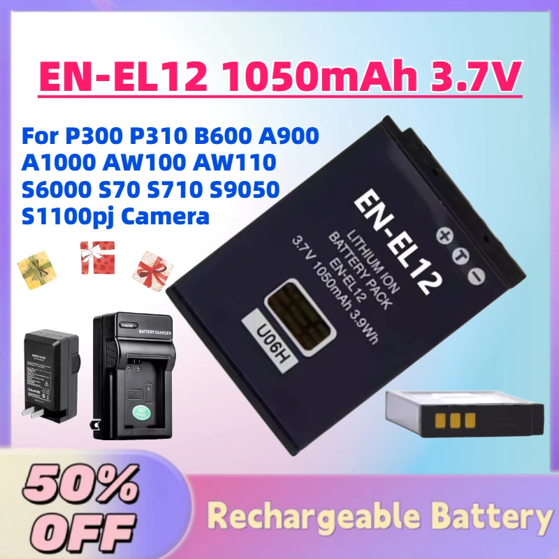 

High-Quality EN-EL12 1050mAh 3.7V Digital Battery for P300 P310 B600 A900 A1000 AW100 AW110 S6000 S70 S710 S9050 S1100pj Camera