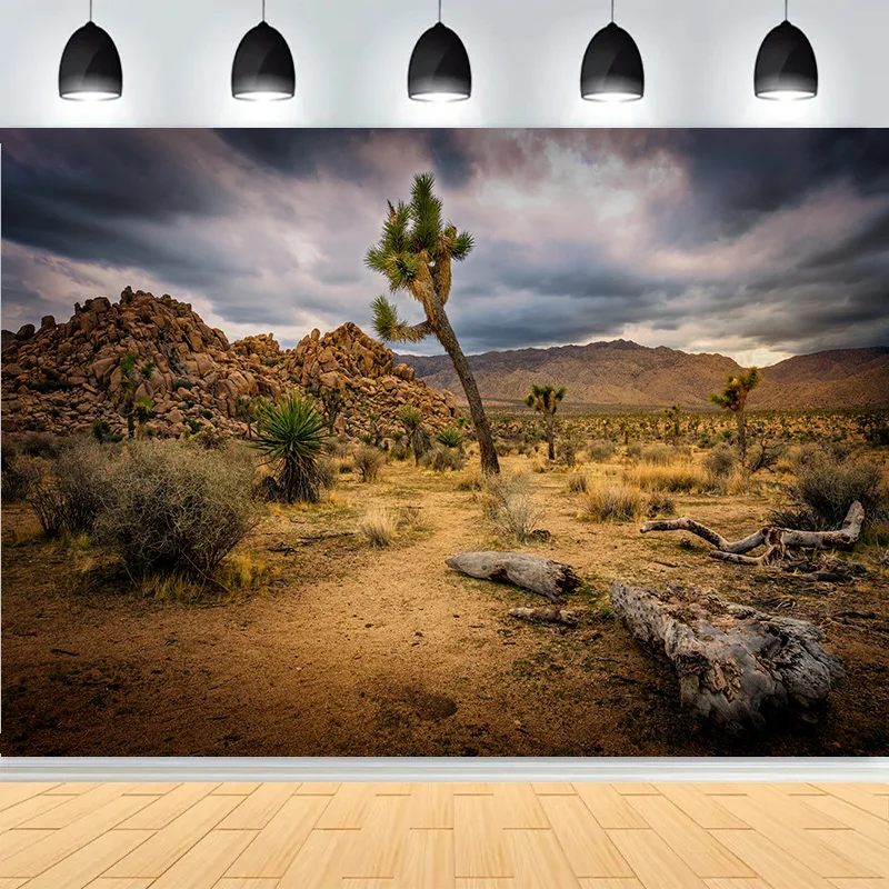 

Desert Landscape With Bushes Trees Mountains Photography Backdrops Cactus Plant Joshua Rock Formations Photo Background RD-05