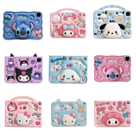 For IPad Air Mini 2 3 4 5 6 10.9in Pro 11 9 8 7th Gen Child Case 3D Cartoon Stitch Kuromi Melody Silicone Tablet Protective Case