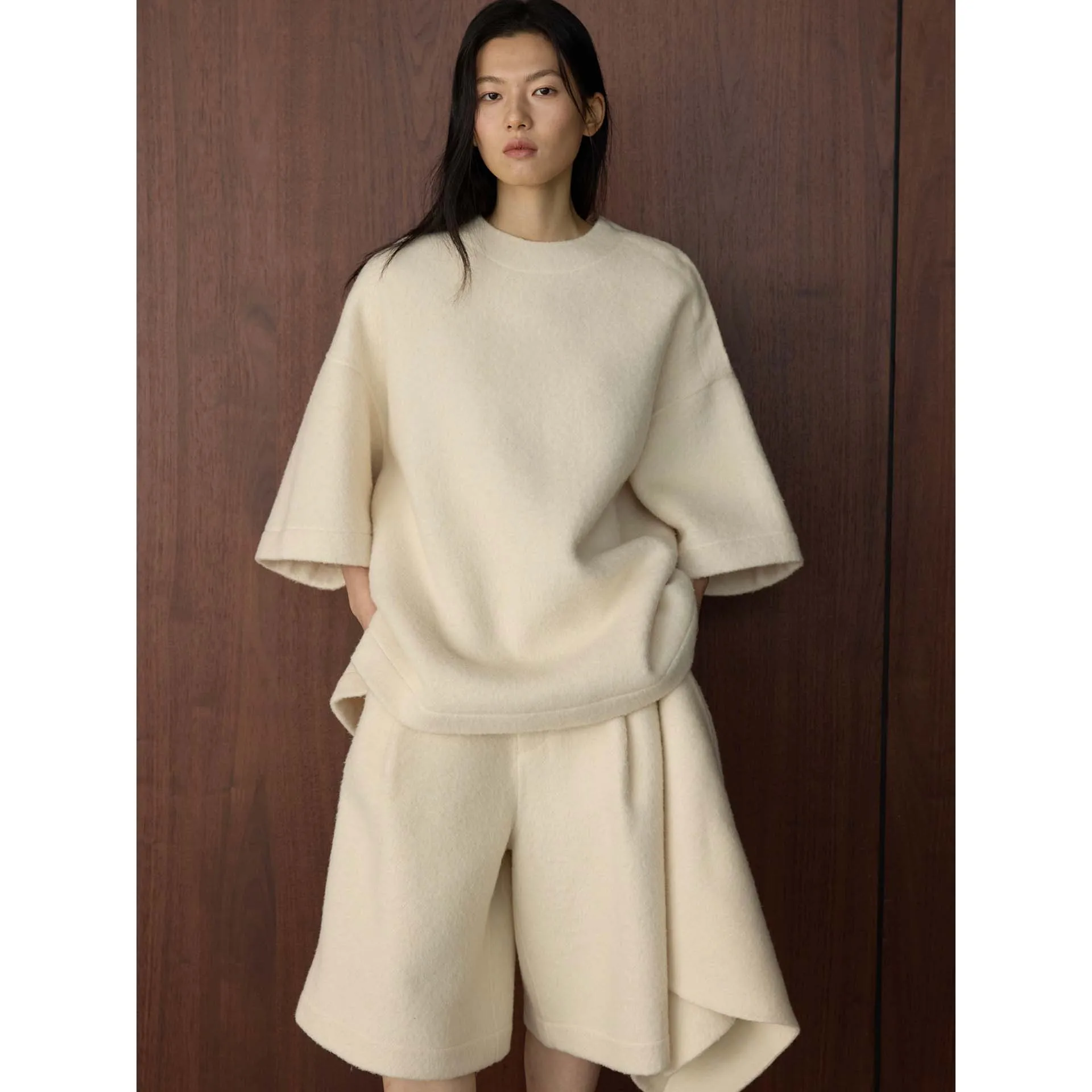 UMI MAO Winter New Korean Fashion Double-Sided Woolen Shoulder Button Design T-Shirt With Shawl Loose Top For Women