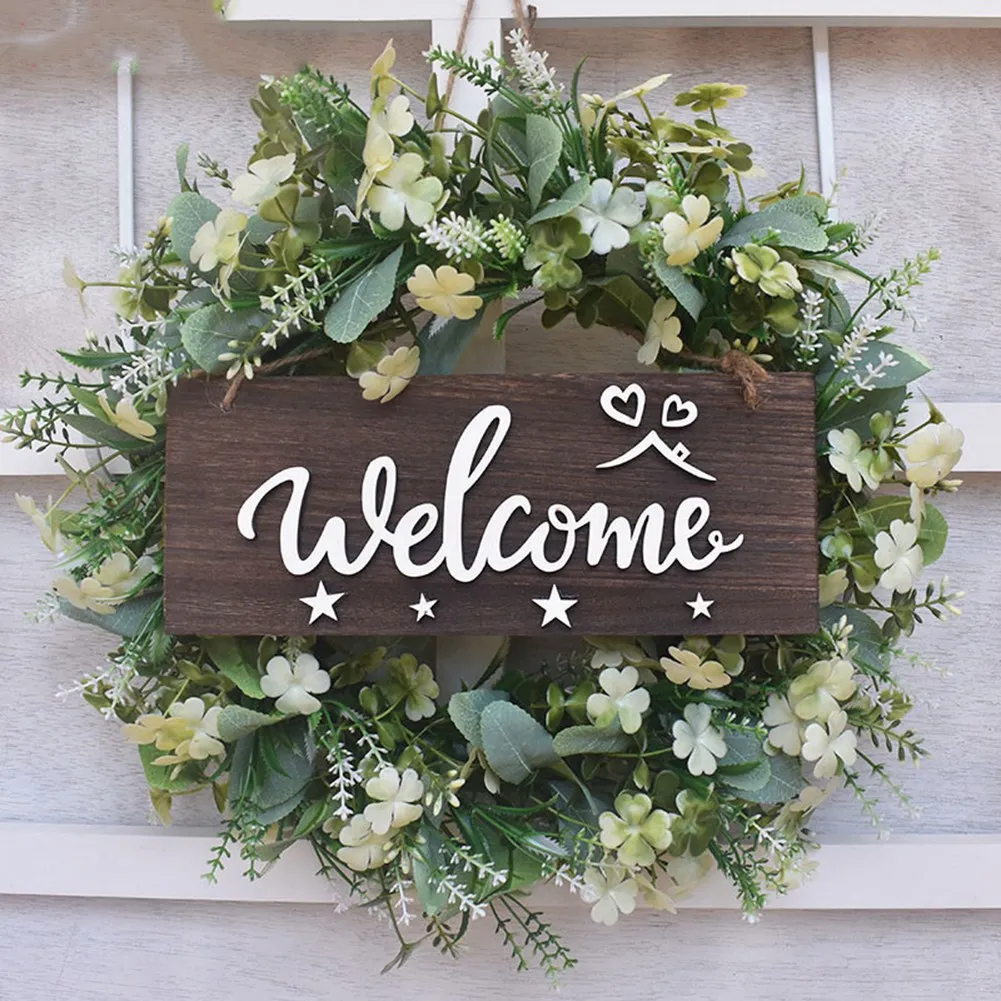 Искусственный венок, магазин добро пожаловать в переднюю фотографию, венок для растений в фермерском стиле с цветочным оформлением, свадебное украшение