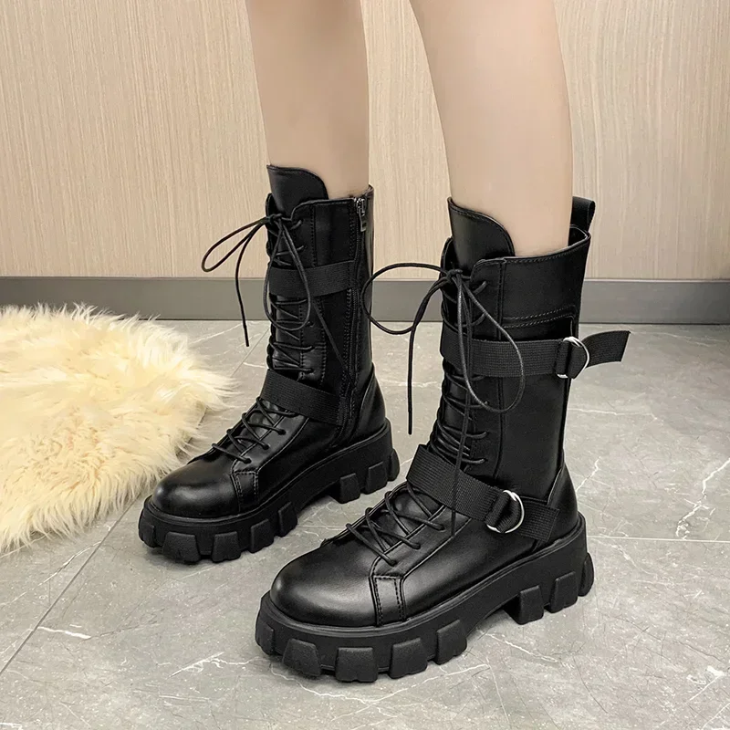 Spring Motorcycle Boots Women\'s Cosplay High Boots Long Tube Leather Knight Boot Punk Gothic Classic Black High Heel Shoes