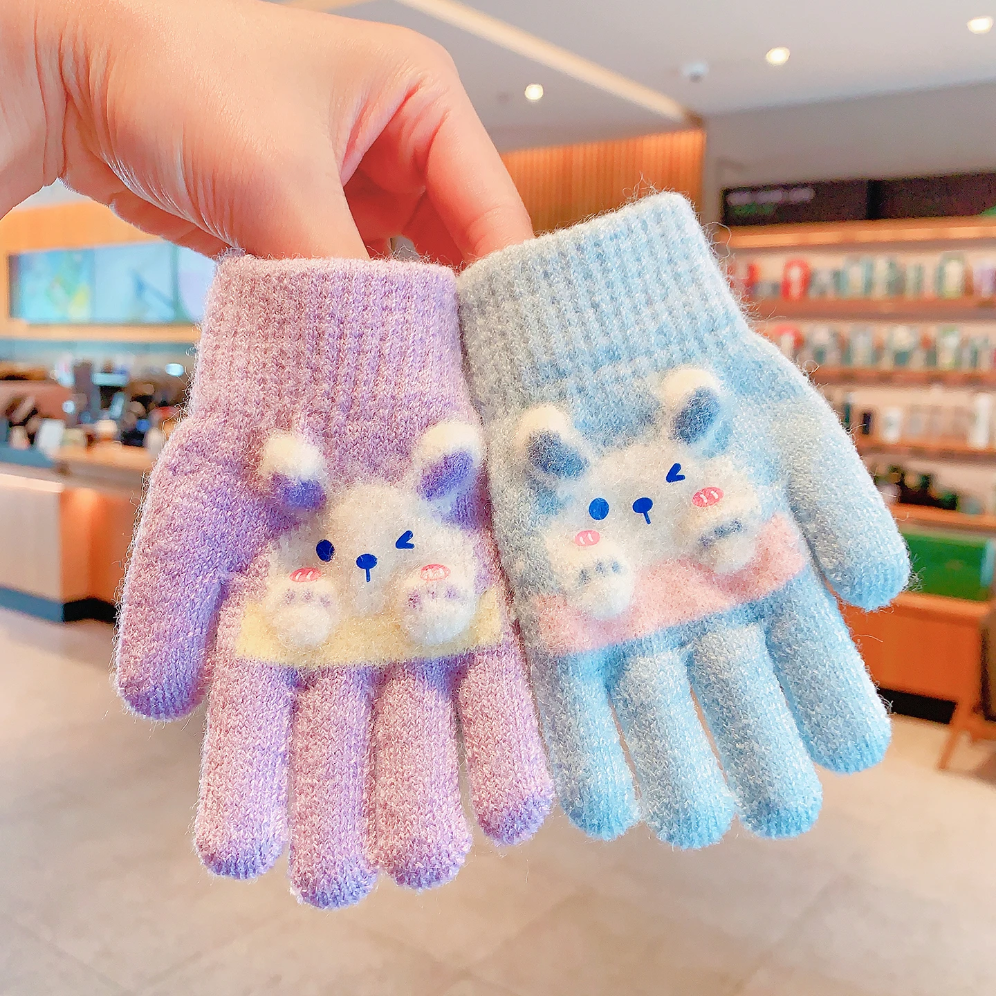 Neue Winter-3D-Cartoon-Hasen-Handschuhe für Mädchen und Jungen, Weiche Gestrickte Elastische Manschette, Warme Winddichte Kleinkinder-Handschuhe, Kinder-Accessoires – Detail 5