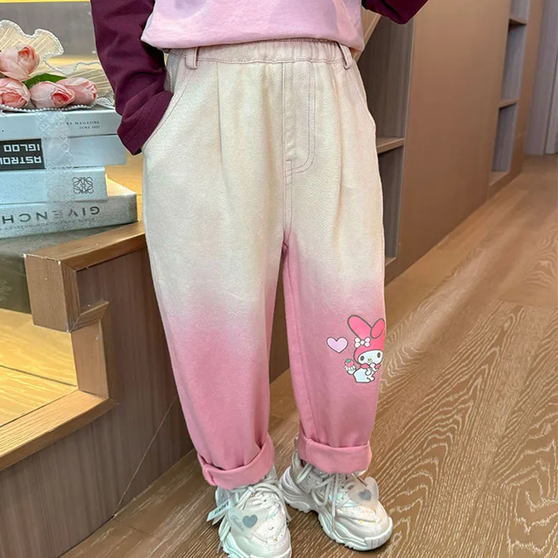 Girls Autumn Clothes Fashion Casual Pants Sanrios Kuromi Children's Elastic Waist Trousers Cartoon My Melody Sling Dye Pants