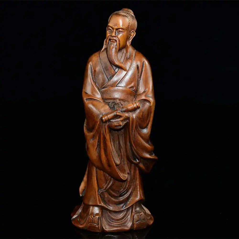 Chinese Boxwood Carved Taoists Mozi Figure Statue Wooden Sculpture Home Decor