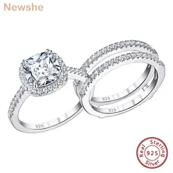 Newshe Solidny zestaw pierścionków zaręczynowych ze srebra próby 925, dla kobiet, obrączka ślubna Halo Cushion Cut AAAAA CZ Minimalistyczna biżuteria