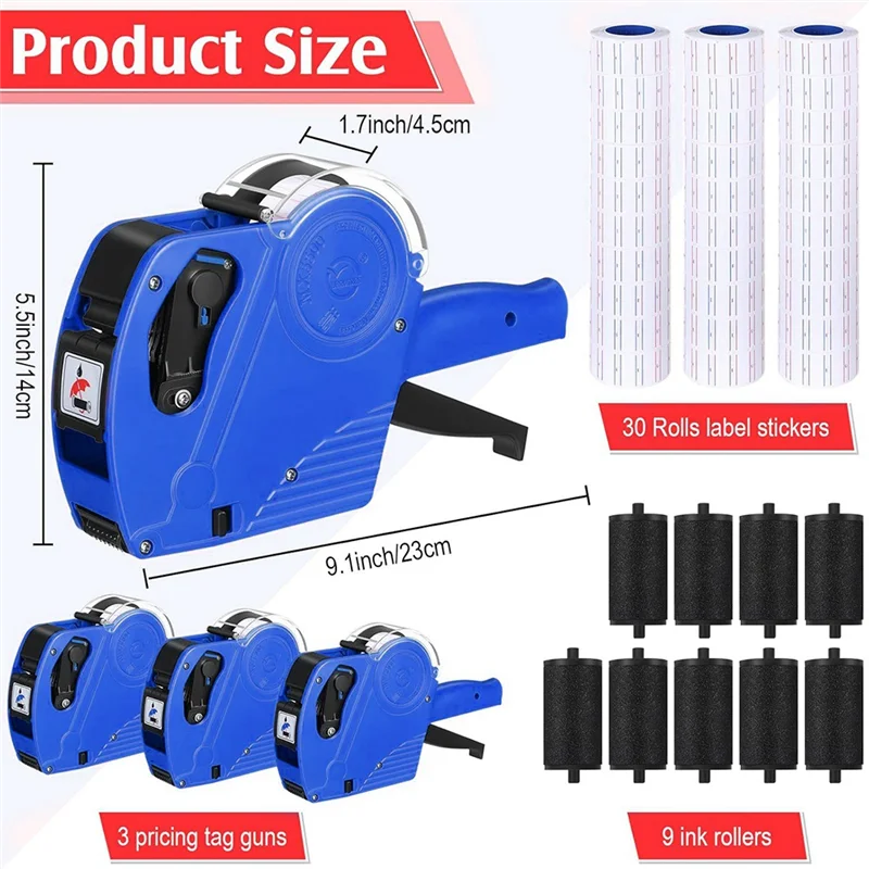 Exquisite Workmanshipp-3 Pack 8 Digits Price Tag-Gun Pricing-Gun Label Pricing-Gun Kit With 30 Rolls Labels & 9 Ink Rollers
