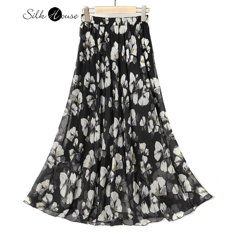 

2024 Women's Fashion Summer New 100% Natural Mulberry Silk Triple Layer Elastic Waist Loose Temperament Print Large Swing Skirt