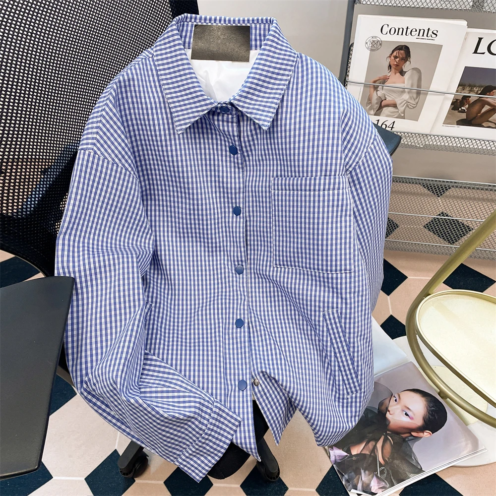 

Daily Commuting Cotton Padded Women's Coat Checkered Pattern All Match Lapel Jackets Winter Korean Retro Shirt Top