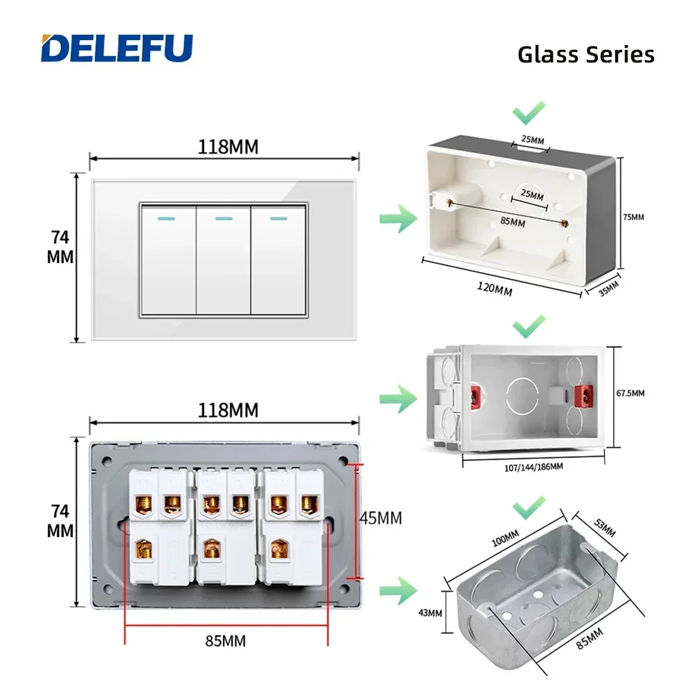 DELEFU 4*2 White Tempered Glass Brazil Standard Outlet Dual Usb Type C  Wall Socket Light Switch Switzerland 10A 20A