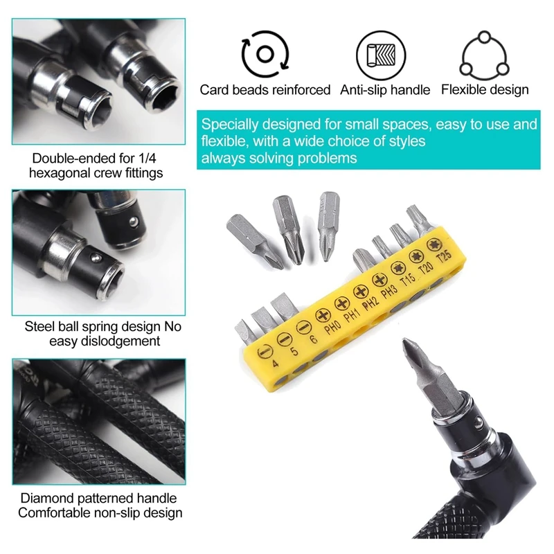 Jeu de tournevis d'angle sans fil, rallonge de perceuse, facile à utiliser, accessoire de rêve, 105 °, 14 pièces