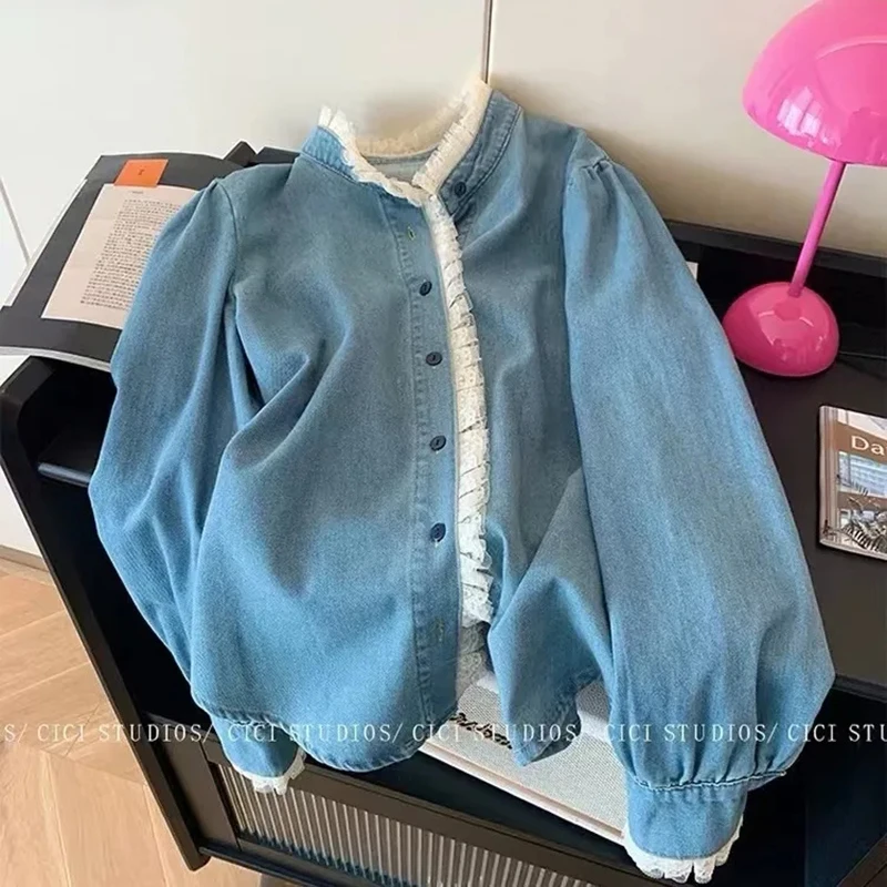 

Модные синие джинсовые рубашки с кружевной строчкой, женские весенне-осенние пальто с длинными рукавами и оборками, женская повседневная куртка, верхняя одежда, топы