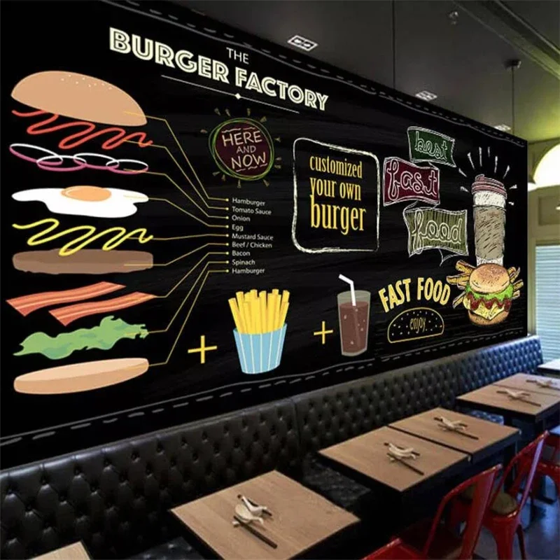 Custom wallpaper 3d mural European and American hand-painted burger fast food snack bar formula color chalk blackboard wallpaper