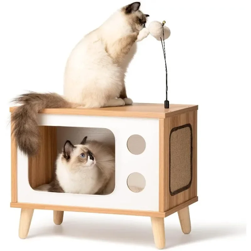 

Cat House Wooden Condo Cat Bed Indoor TV-Shaped Sturdy Large Luxury Cat Shelter Furniture with Cushion Scratcher Bell Ball
