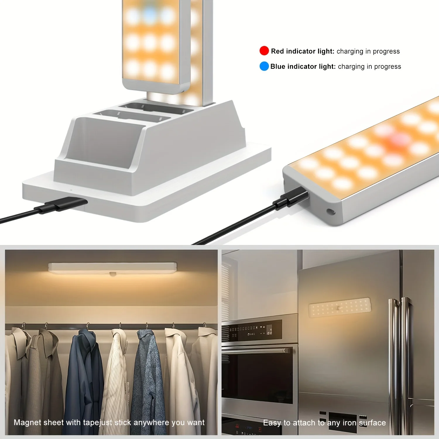 3er-Pack dimmbare LED-Schranklichtleiste mit Fernbedienung, wiederaufladbar über USB, energiesparende magnetische Wandleuchte, Metallgehäuse