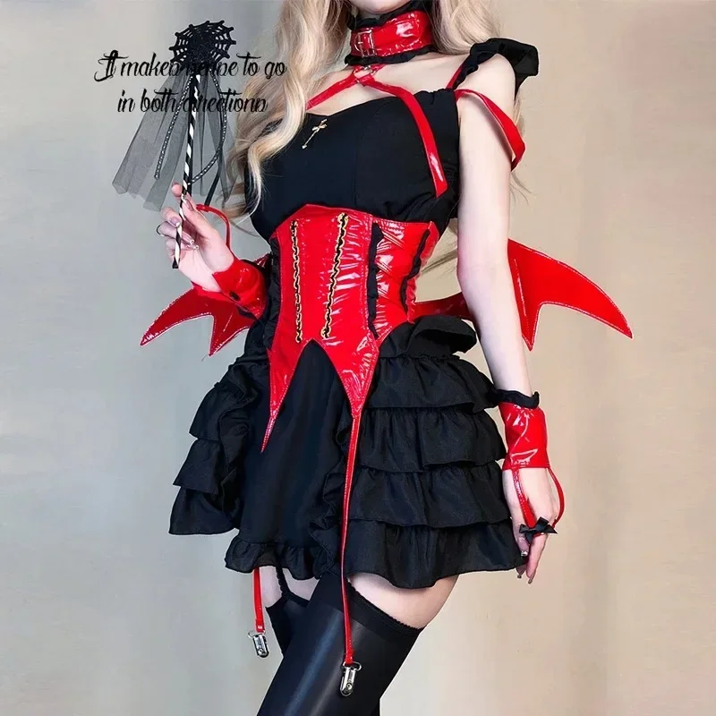 Halloween Night Demon Maid Unifrom Gothic Lolita Girls Cosplay Night Elves Magic Little Devil Wings Outfits Clothes Costumes