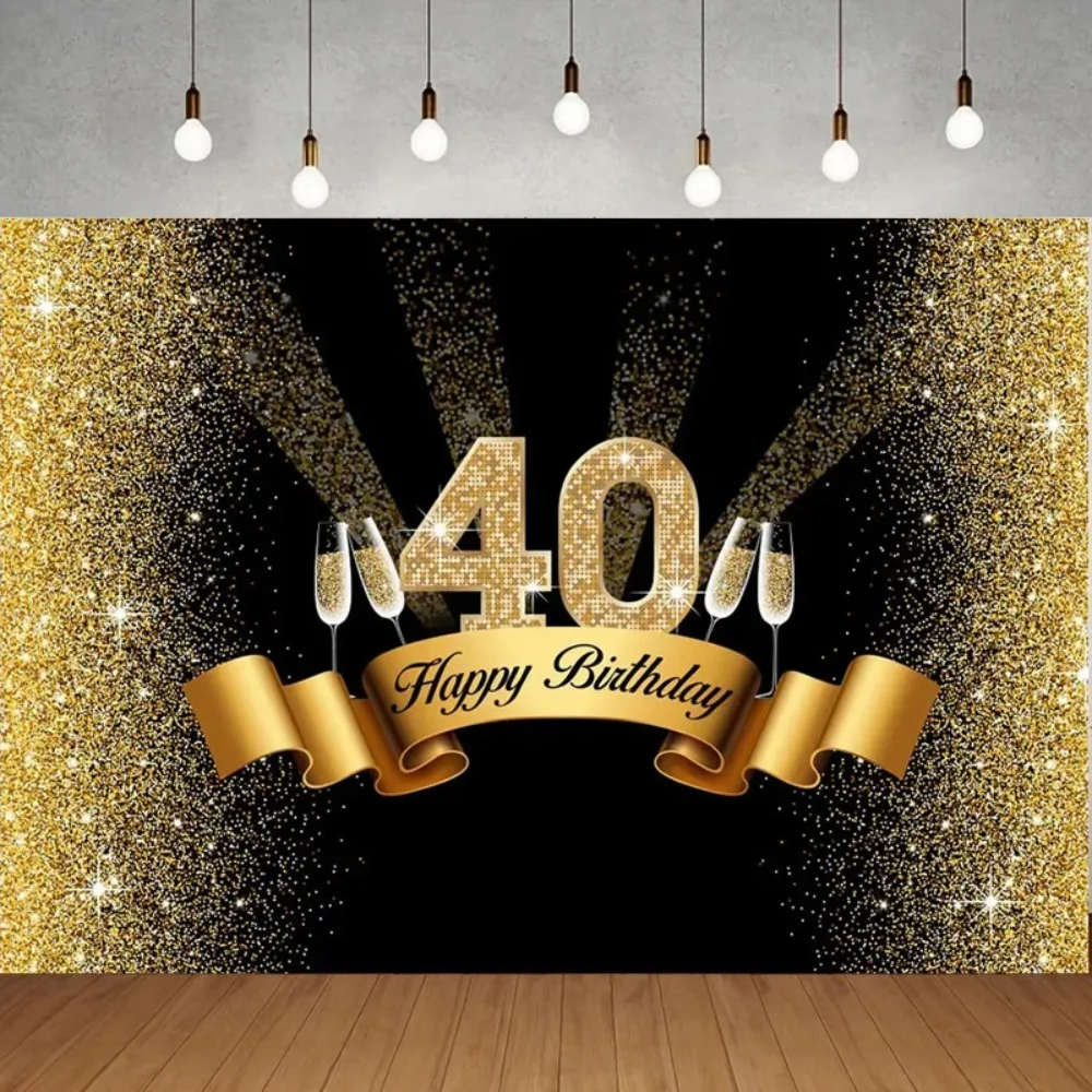Schwarz-goldener „Happy 40th Birthday“-Bannerhintergrund, glitzernde goldene Geburtstagsfeier-Fotostudio-Hintergrund-Requisiten