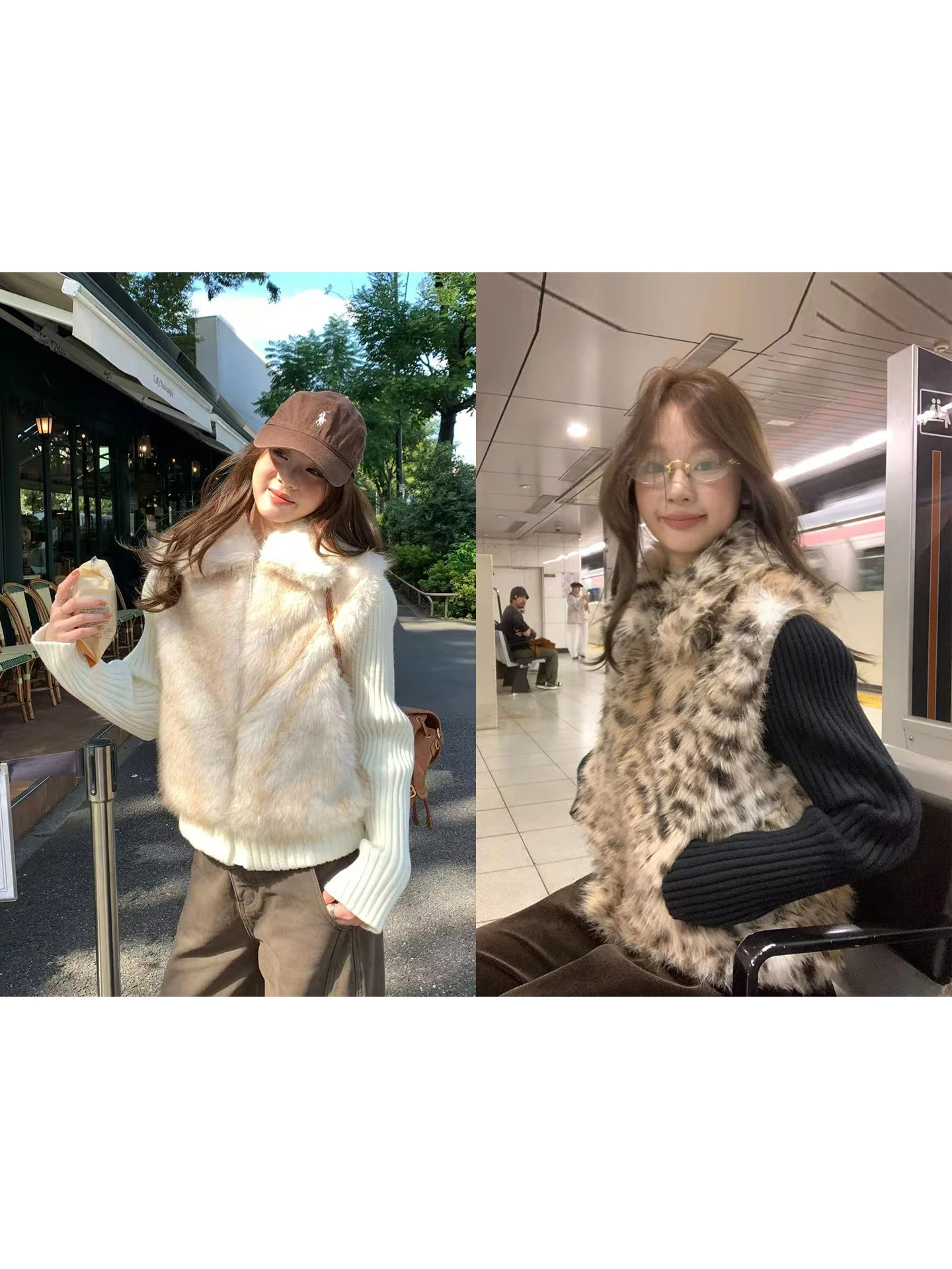 A fashionable player is wearing a detachable knitted sleeve eco-friendly fur coat with a lapel and thick fur for autumn and wint