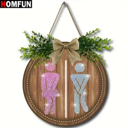 HOMFUN DIY Art Diamond Painting Embroidery Round Board Toilet Wooden Sign Slogan With Rope Bathroom Home Decor Wall Decoration