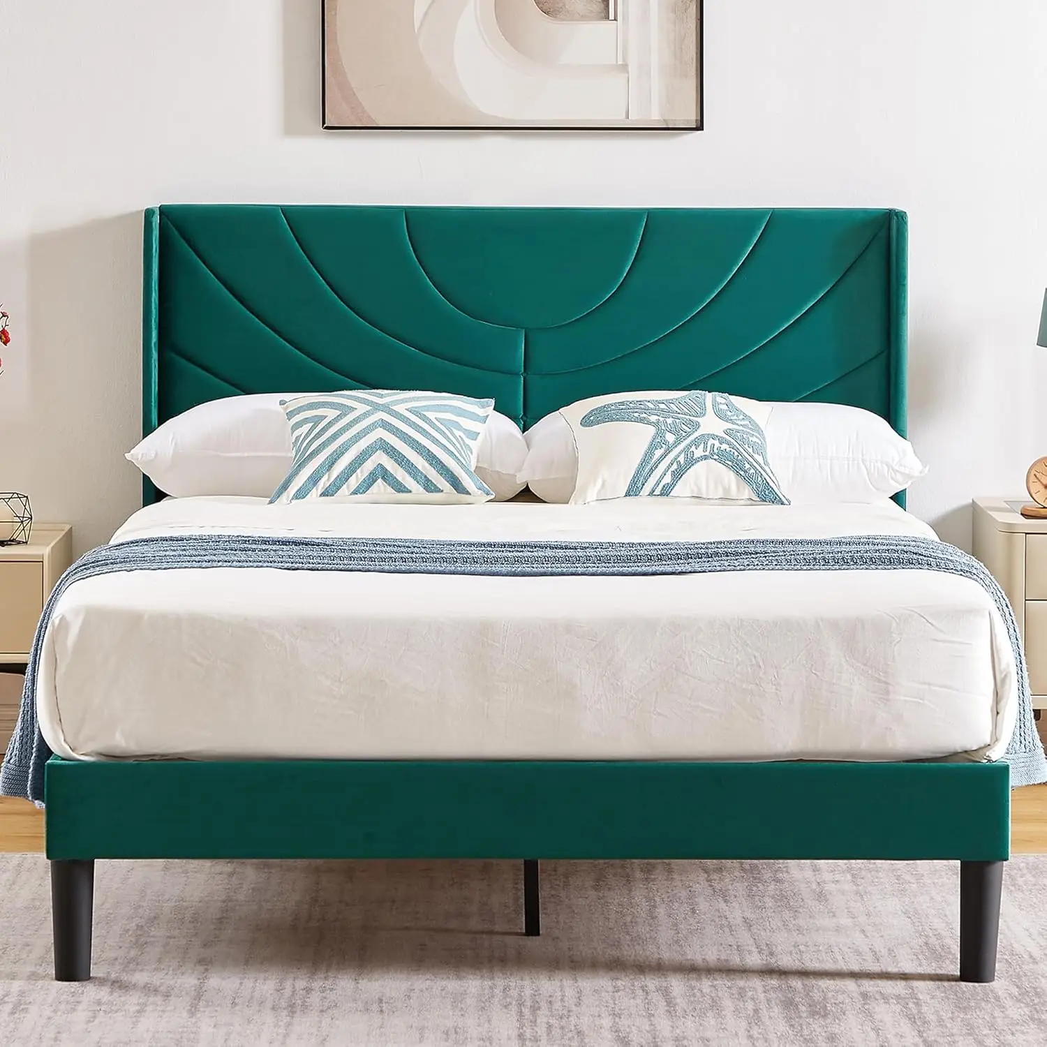 

Full Size Bed Frame Upholstered Platform with Wave Fabric Headboard,Wooden Slats Support/Mattress Foundation/Easy Assembly