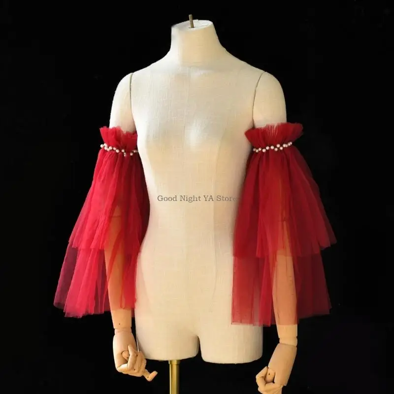  Breathable Mesh Wedding Arm Sleeves Design Comfortable Bridal Gloves for Bride Red Pearls Accessories