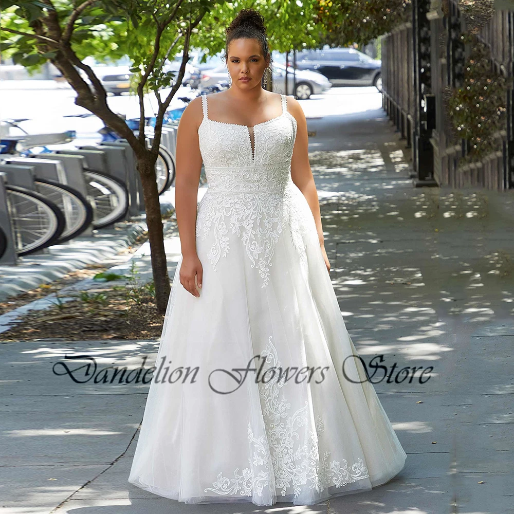 Exquisite Wedding Dresses Tulle Square Collar Sleeveless Bride Gowns With Lace Applique A-Line Sweep Train Vestido De Noiva